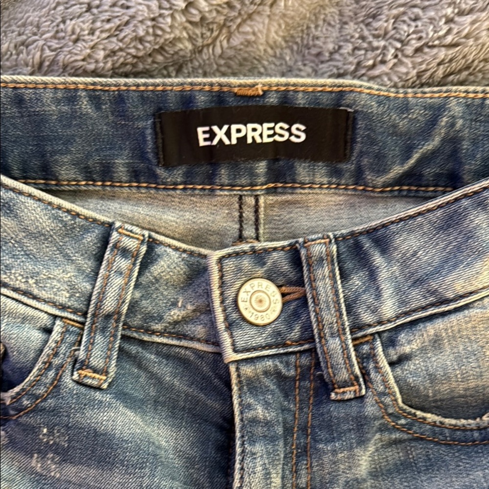 Express Women's Distressed Blue Denim Shorts - Picture 3 of 5